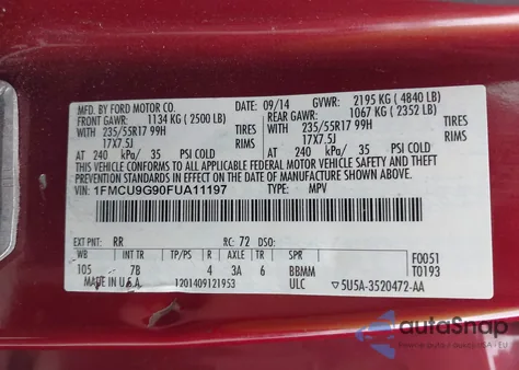 2015 Ford Escape Se z USA, uszkodzony, nr VIN 1FMCU9G90FUA11197